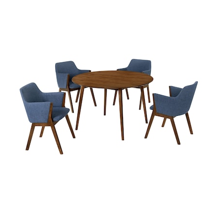 Armen Living Arcadia and Renzo 48" Round Blue and Walnut Wood 5 Piece Dining Set SETARDI5REWABLU48